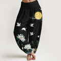 Buddha Stones Pure Cotton Crane Blooming Lotus Moon Mountain Women's Elastic Waist Harem Pants