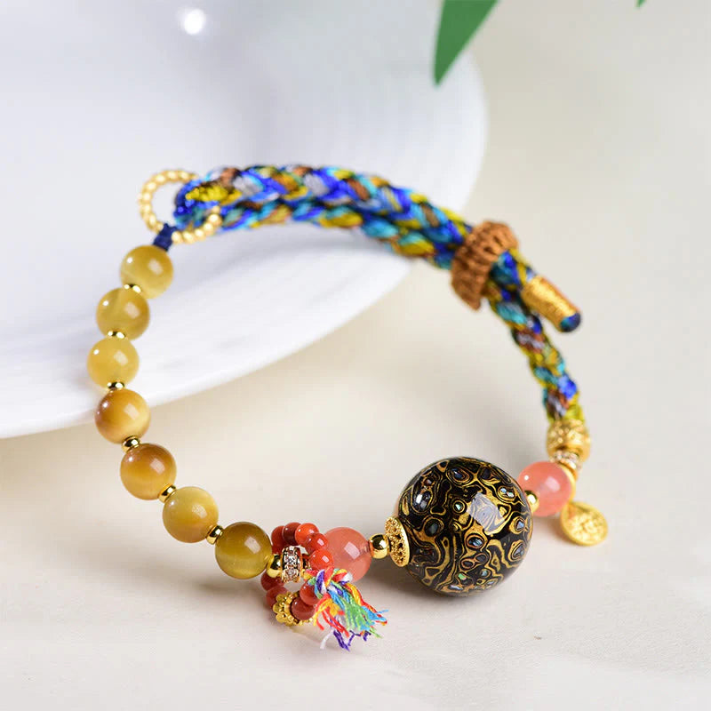Buddha Stones Tibetan  Lacquer Bead Hand-woven Tiger Eye Stone Protection Bracelet