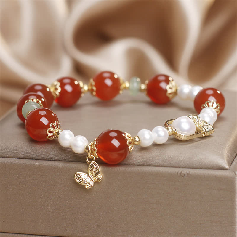 Buddha Stones Natural Red Agate Pearl Butterfly Self-acceptance Bracelet