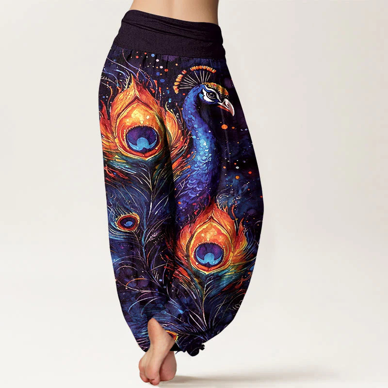 Buddha Stones Cotton Peacock Starry Sky Pattern Women's Elastic Waist Harem Pants
