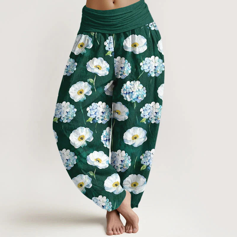Buddha Stones Cotton Fresh Elegant Flower Pattern Women's Elastic Waist Harem Pants
