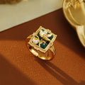 Buddha Stones Vintage Oil Painting Lotus Flower Pearl Copper Wealth Ring