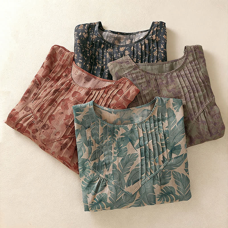 Buddha Stones Commute Floral Crew Neck Pleated Design Puff Short Sleeve Women's T-Shirt