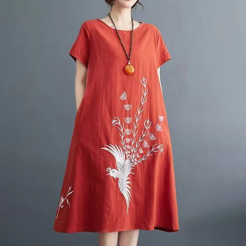 Buddha Stones Summer Printing Phoenix Pattern Short Sleeve Cotton Linen Midi Dress