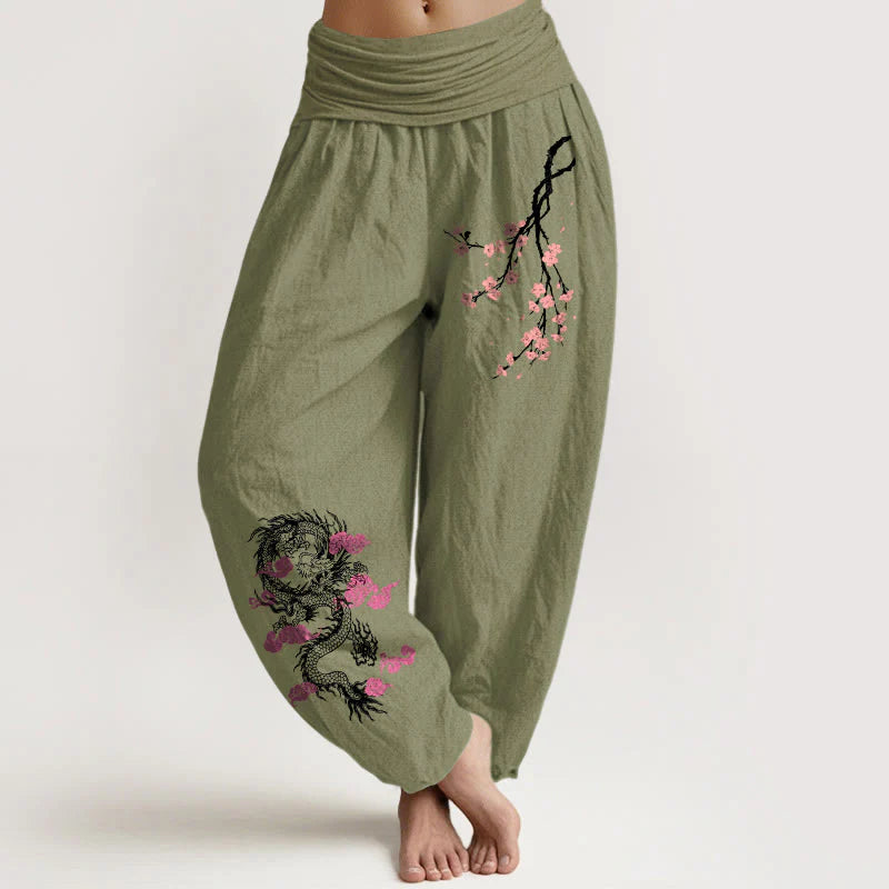 Buddha Stones Dragon Auspicious Clouds Flower Pattern Women's Elastic Waist Harem Cotton Pants