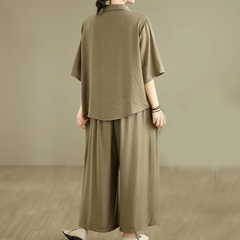 Buddha Stones 2pcs Casual Women's Stand Collar Shirt Loose Pants Meditation Clothing Set