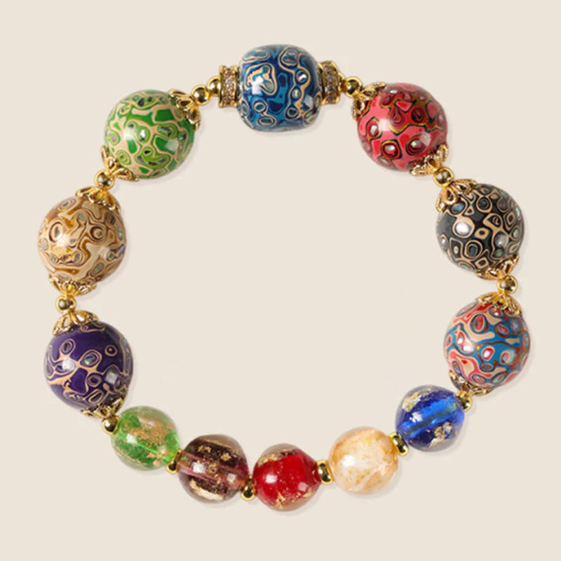Buddha Stones Colorful Liuli Glass Sandalwood Gourd Bead Lacquer Craft Bracelet
