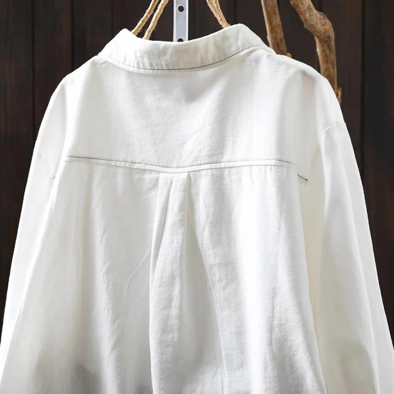 Buddha Stones Fall Buttons Down Pocket Decor Design Women's Stand Collar Long Sleeve Cotton Shirt