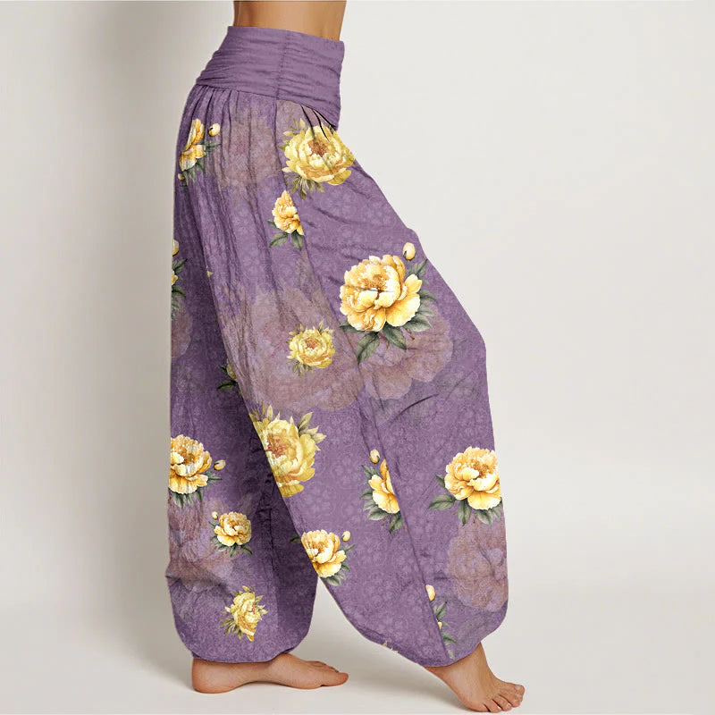 Buddha Stones Cotton Delicate Peony Pattern Women's Elastic Waist Harem Pants