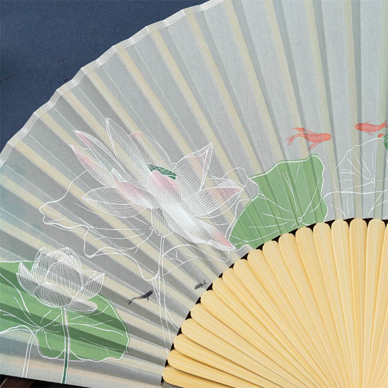 Buddha Stones Lotus Begonia Flower Jasmine Handheld Bamboo Folding Fan 21cm