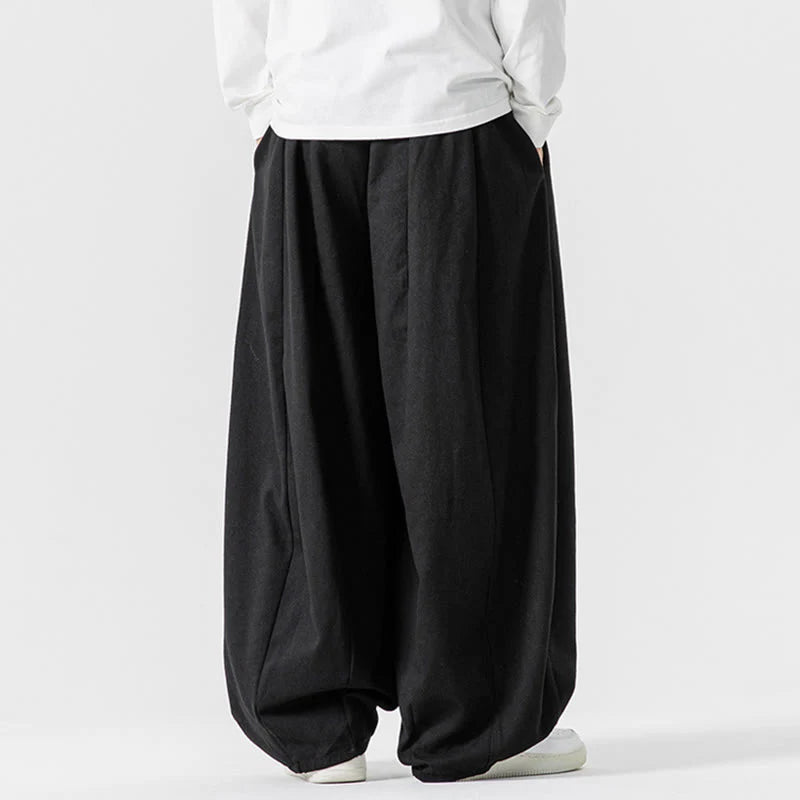 Buddha Stones Winter Commute Plain Drawstring Design Men's Wide Leg Cotton Pants With Pockets