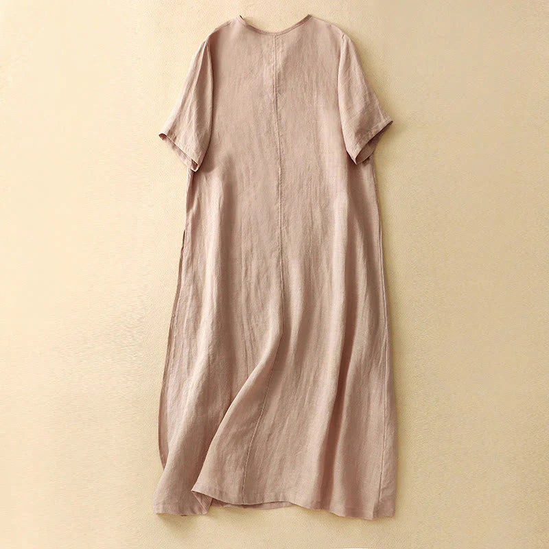 Buddha Stones Summer V-Neck Frog-Button Short Sleeve Cotton Linen Women's Midi Dress