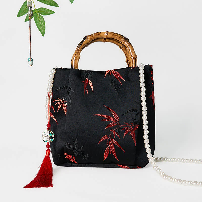 Buddha Stones Polyester Cotton Embroidery Leaves Bamboo Handle Pearl Crossbody Bag Hangbags