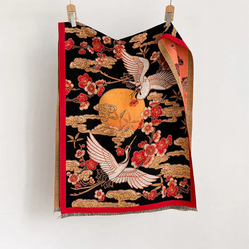 Buddha Stones Winter Crane Plum Blossom Auspicious Clouds Pattern Tassels Cozy Scarf Shawl
