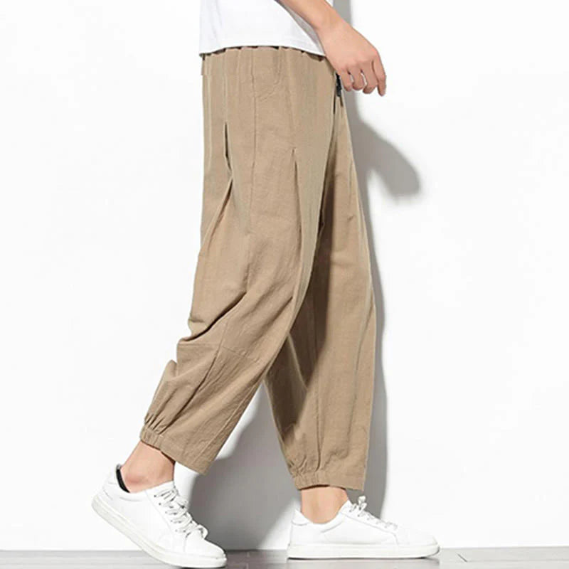 Buddha Stones Summer Men's 7-8 Length Cotton Linen Carrot Pants With Pockets