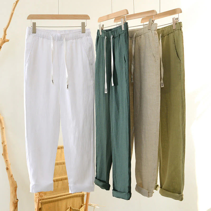 Buddha Stones Fall Solid Drawstring Elastic Waist Men's Linen Ankle-Length Pants With Pockets