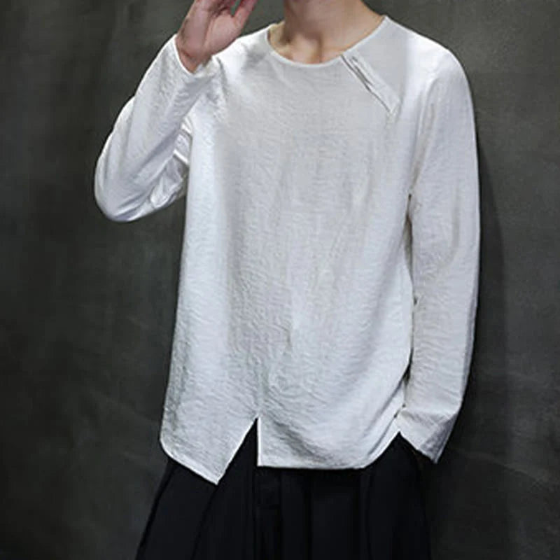 Buddha Stones Solid Color Loose Long Sleeve Round Neck Men's Shirts