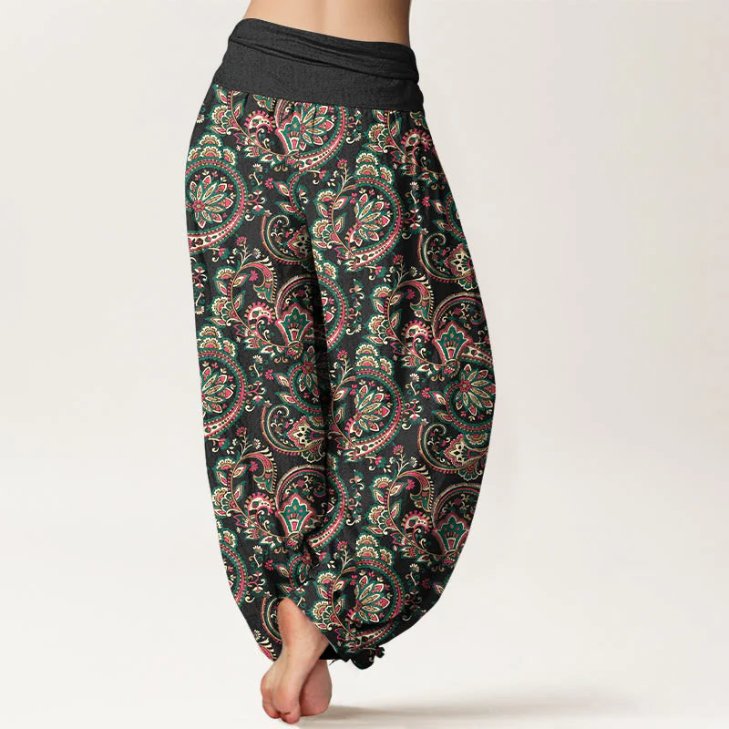 Buddha Stones Cotton Retro Complex Flowers Leaves Vine Pattern Women's Elastic Waist Harem Pants