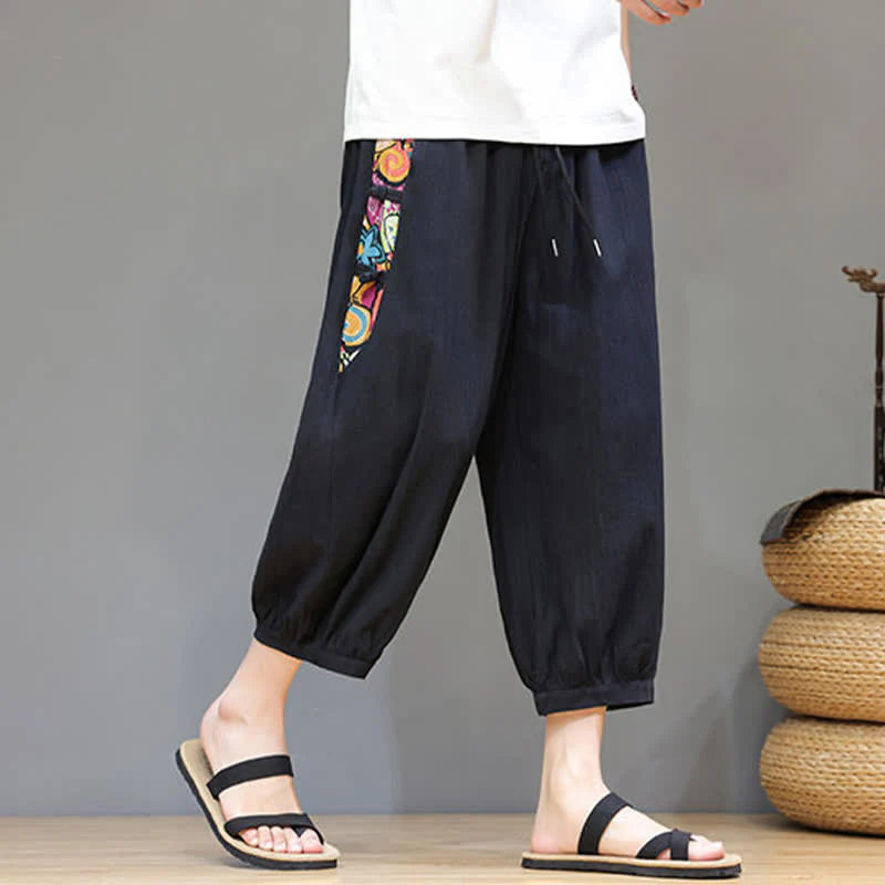Buddha Stones Summer Tribal Side Stripe Drawstring Waist Men's Capri Tapered Pants With Pockets