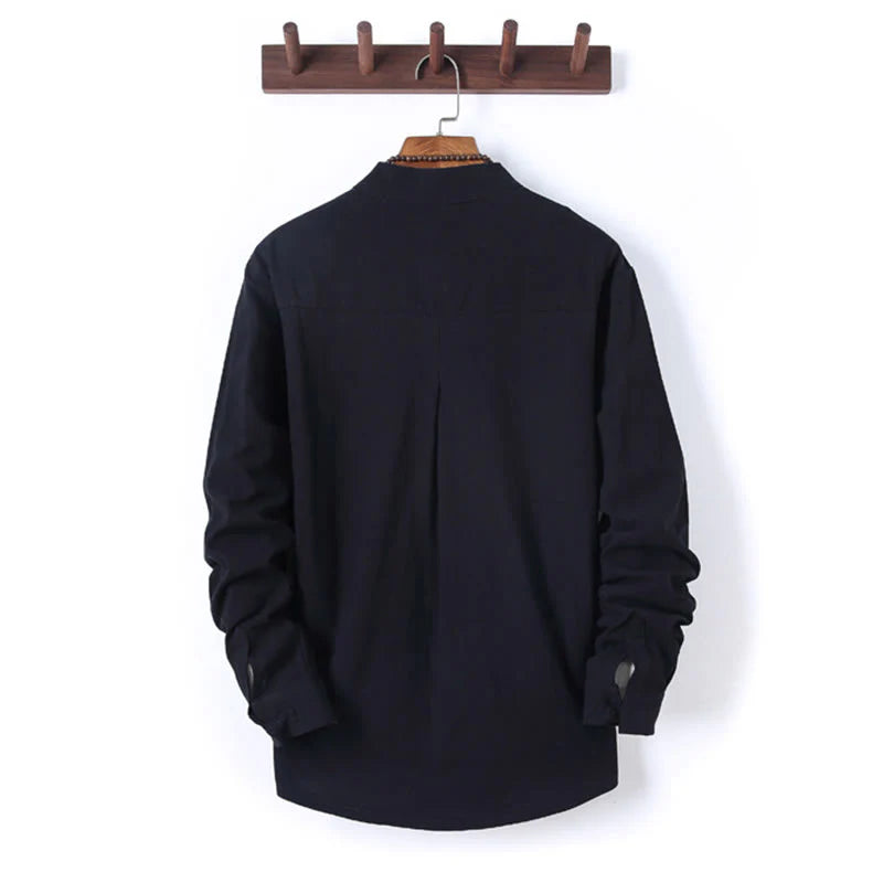 Buddha Stones 2Pcs Solid Color Men's Frog-Button Long Sleeve Cotton Shirt Pants Set With Pockets