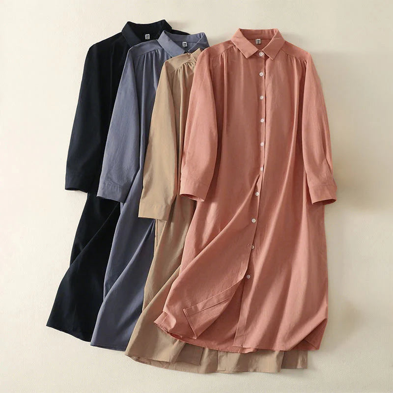 Buddha Stones Fall Solid Color Lapel Buttons Long Sleeve Cotton Midi Dress With Pockets