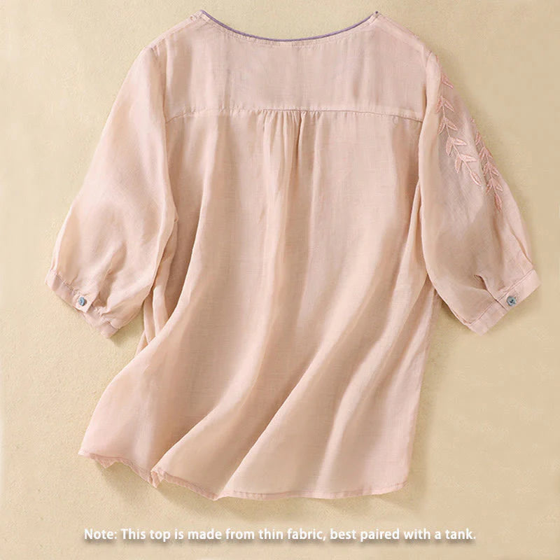 Buddha Stones Embroidery Leaves Women's Cotton Linen Half Sleeve T-shirt