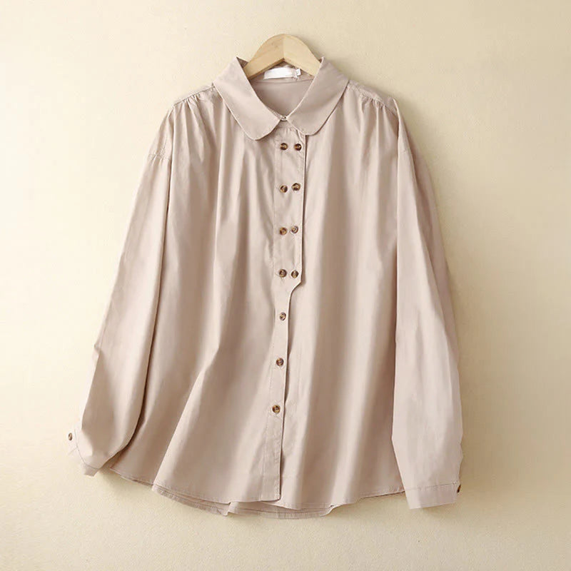 Buddha Stones Plain Double-breasted Long Sleeve Women's Cotton Lapel Shirt