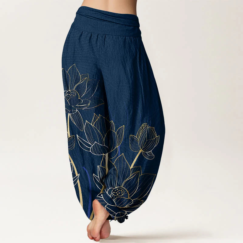Buddha Stones Pure Cotton Minimalist Style Lotus Flower Pod Pattern Women's Elastic Waist Harem Pants