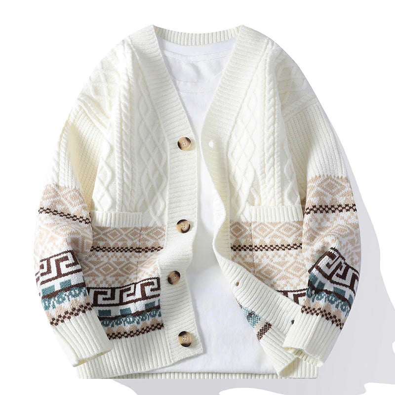 Buddha Stones Jacquard Ethnic Long Sleeve Men's Knitted Sweater With Pockets
