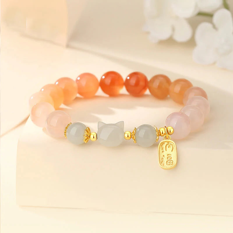Buddha Stones 925 Sterling Silver Red Agate Hetian Jade Cat Fu Character Confidence Bracelet