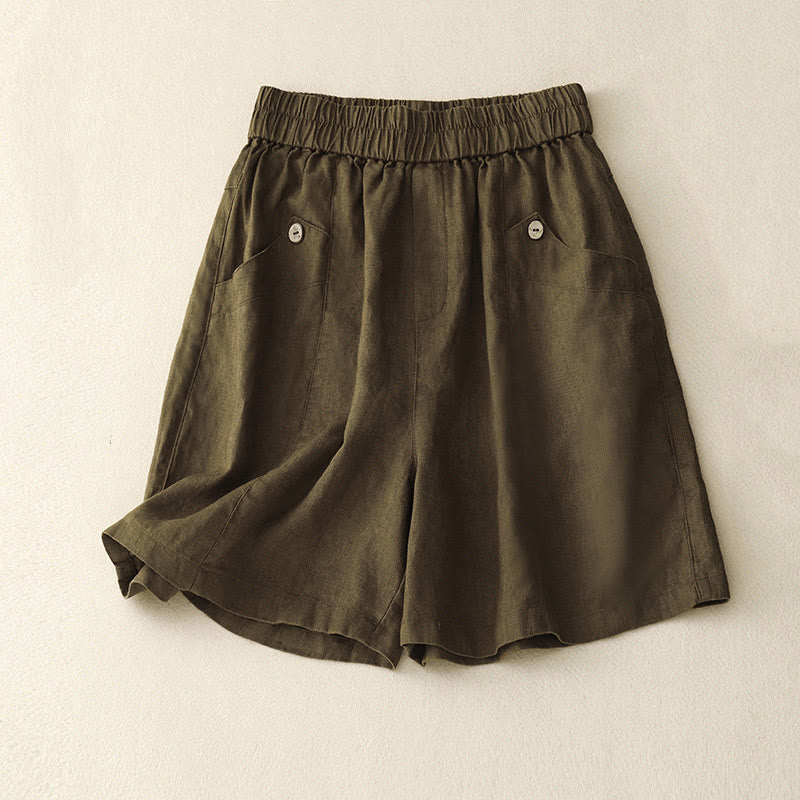 Buddha Stones Summer Casual Buttons Plain Cotton Women's Shorts With Pockets