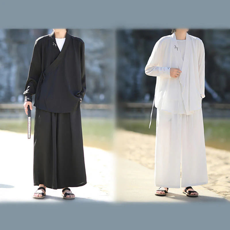 Buddha Stones 2Pcs Fall Lace-up Bamboo Embroidery Cotton Kimono Ankle-Length Pants With Pockets Men's Meditation Cloth Set