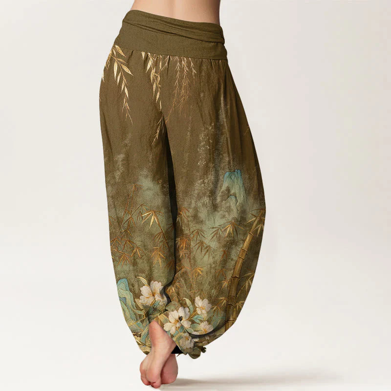 Buddha Stones Cotton Natural Landscape Bamboo Flowers Pattern Women's Elastic Waist Harem Pants