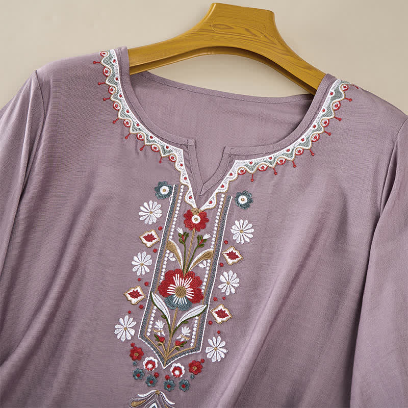 Buddha Stones Spring Boho Embroidered Cotton Linen Elbow-Length Sleeve Women's T-Shirts