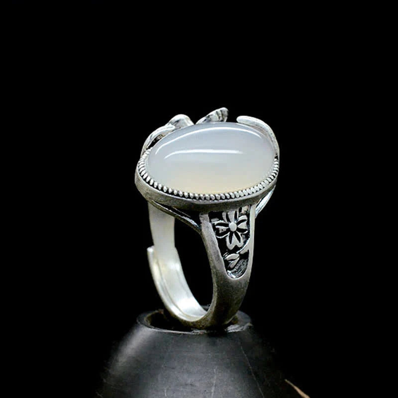 Buddha Stones 990 Sterling Silver Natural Chalcedony Plum Positive Harmony Ring