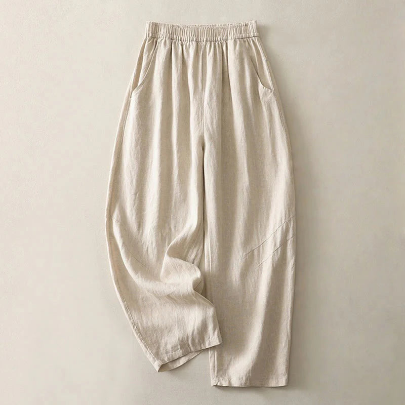 Buddha Stones Summer Daily Solid Color Elastic Waistband Design Women's Wide Leg Cotton Linen Pants With Pockets