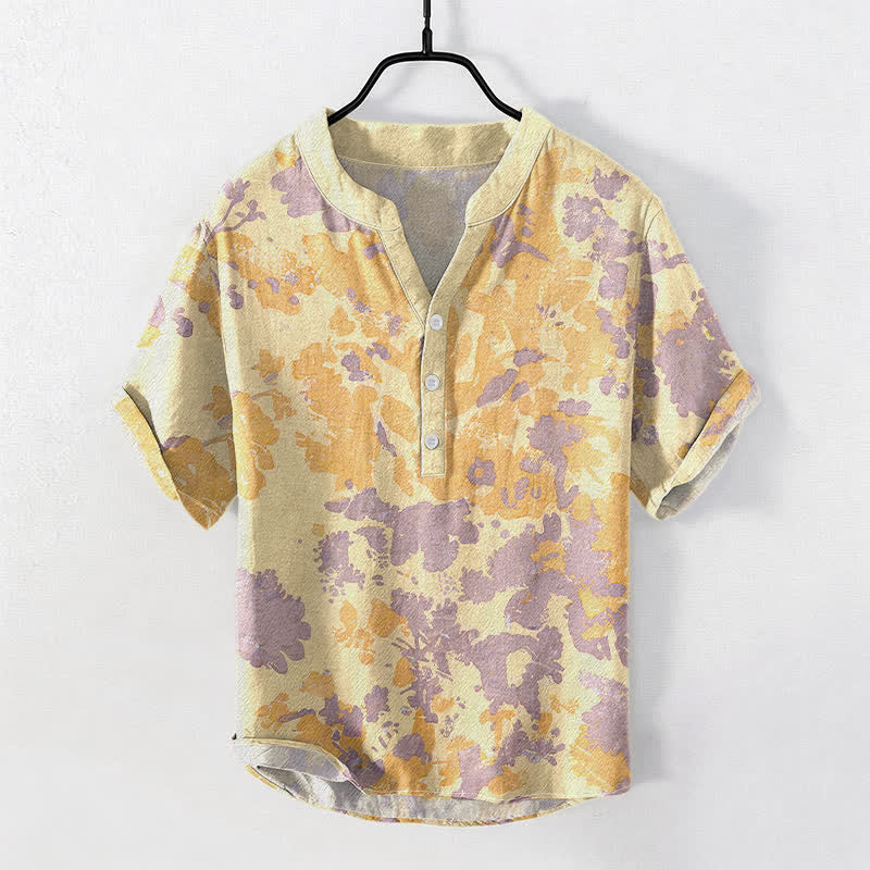 Buddha Stones Cotton Watercolor Floral Henley Men's Short Sleeve Half Button Shirt