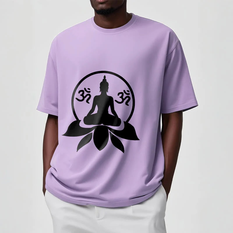 Buddha Stones OM Symbol Sanskrit Mantras Buddha Seated On Lotus Flower Design Tee T-shirt