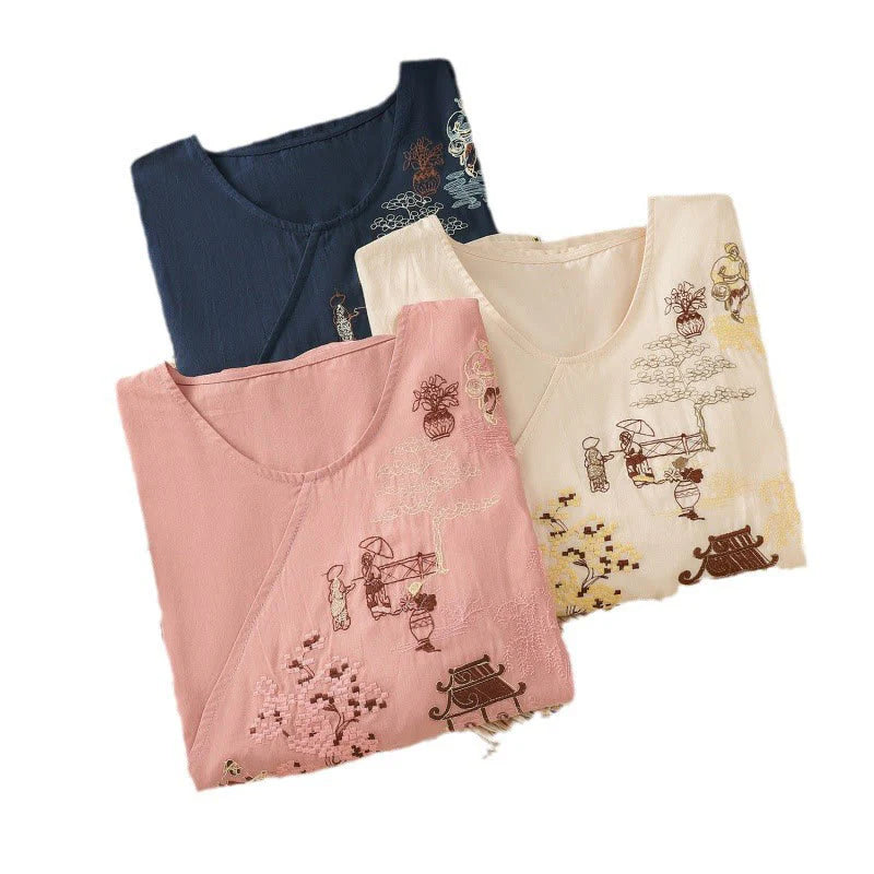 Buddha Stones Retro Embroidery Lace-Up Women's Three Quarter Sleeve Cotton Linen T-Shirt