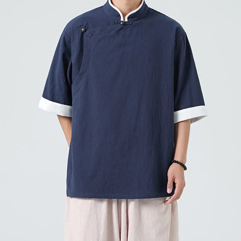 Buddha Stones Vintage Spring Color Matching Collar Slanted Placket Design Men's Half Sleeve Cotton Linen Shirt