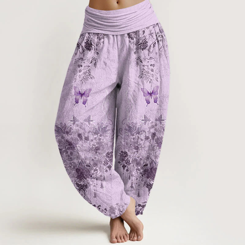 Buddha Stones Cotton Butterfly Floral Pattern Women's Elastic Waist Harem Pants