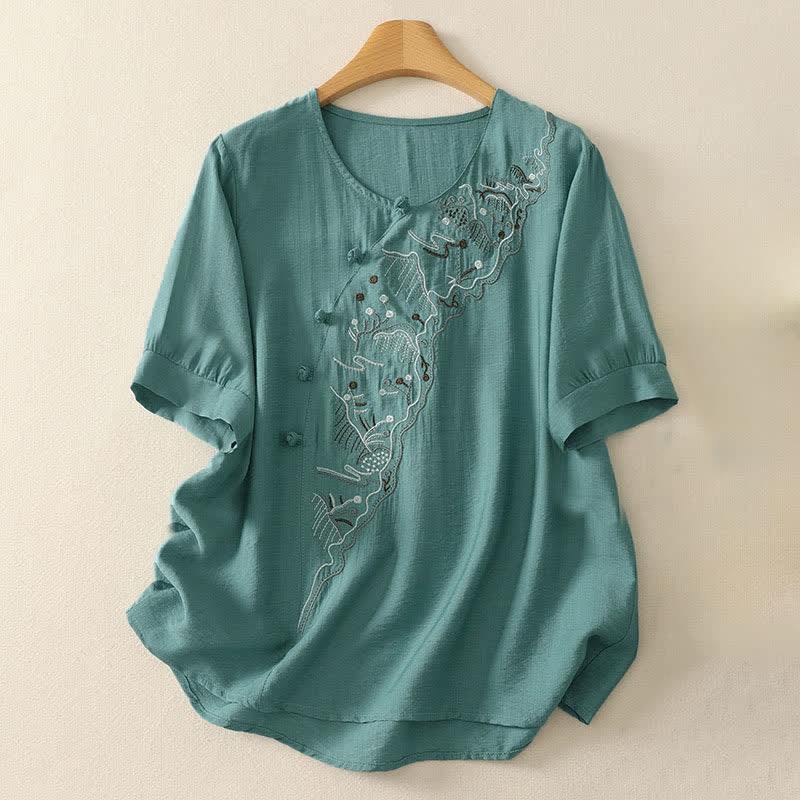 Buddha Stones Summer Mountain Embroidered Crew Neck Women's Short Sleeve Shirt