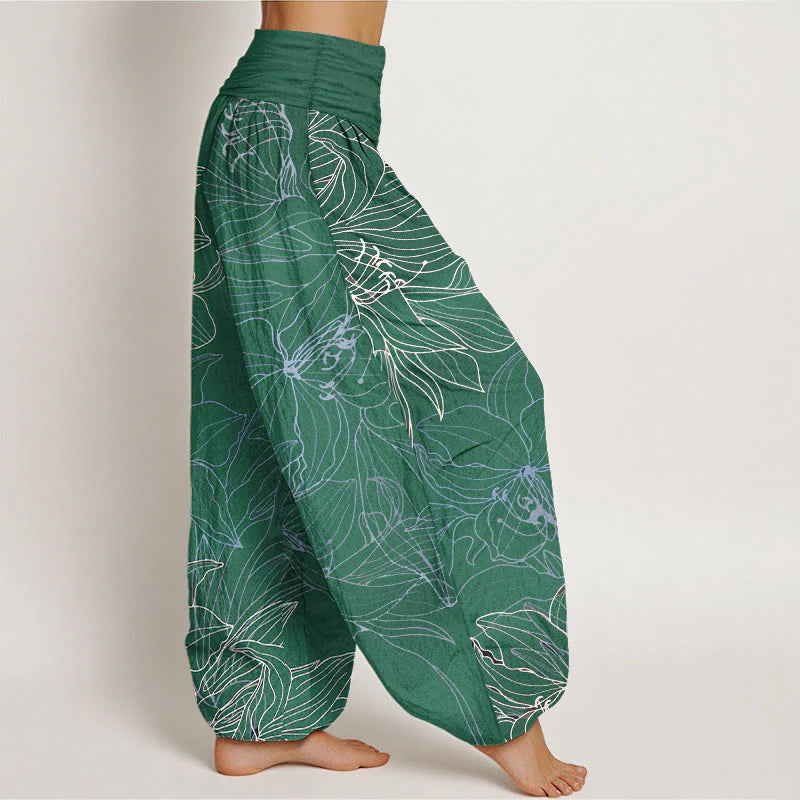 Buddha Stones Pure Cotton Minimalist Style Flower Pattern Women's Elastic Waist Harem Pants