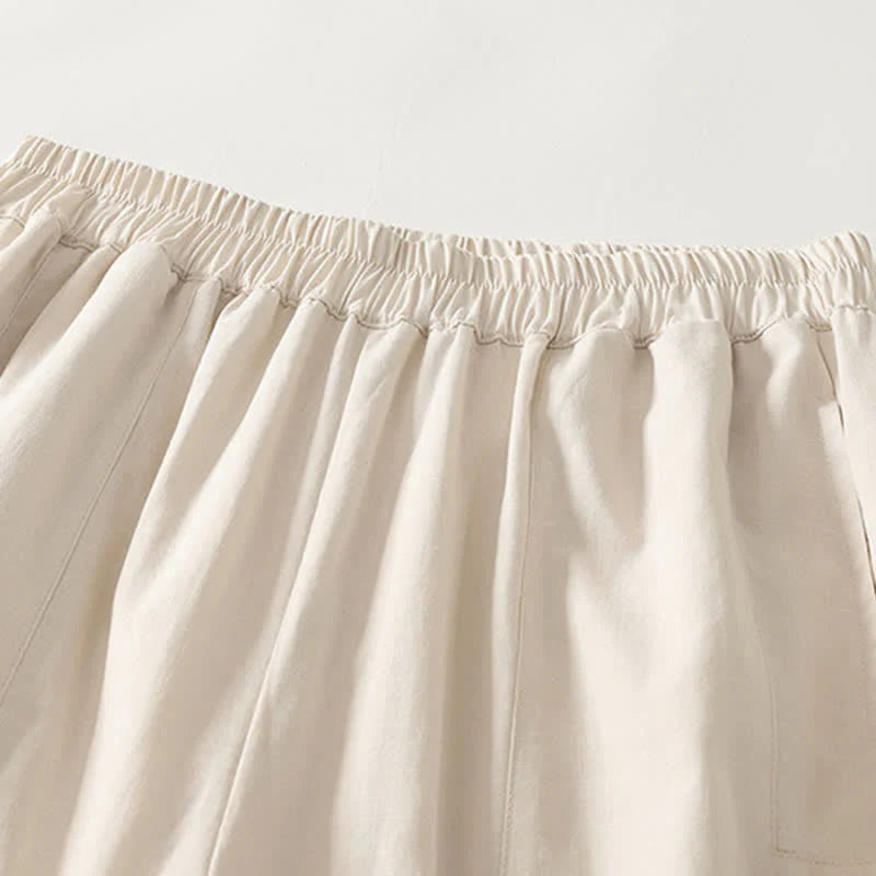 Buddha Stones Spring Solid Color Elastic Waist Cotton Women's Straight Leg Pants With Pockets