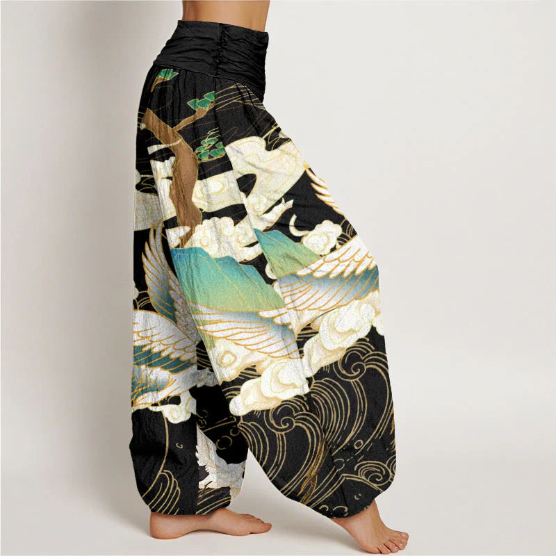 Buddha Stones Cotton Flying Cranes Auspicious Clouds Tree women's Elastic Waist Harem Pants