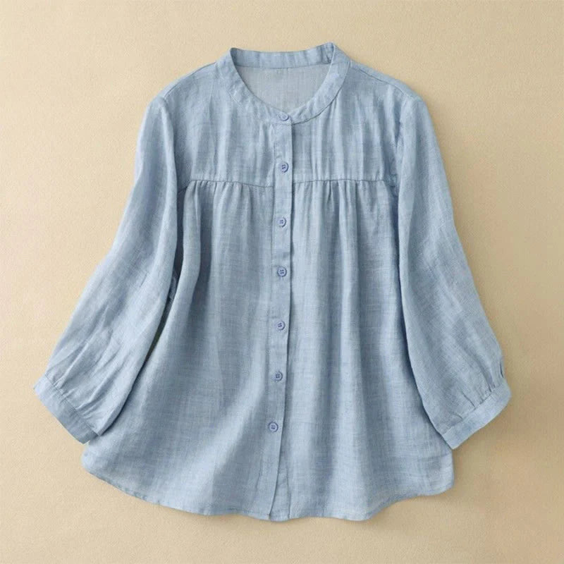 Buddha Stones Plain Crew Neck Buttons Design Three Quarter Sleeve Women's Shirt