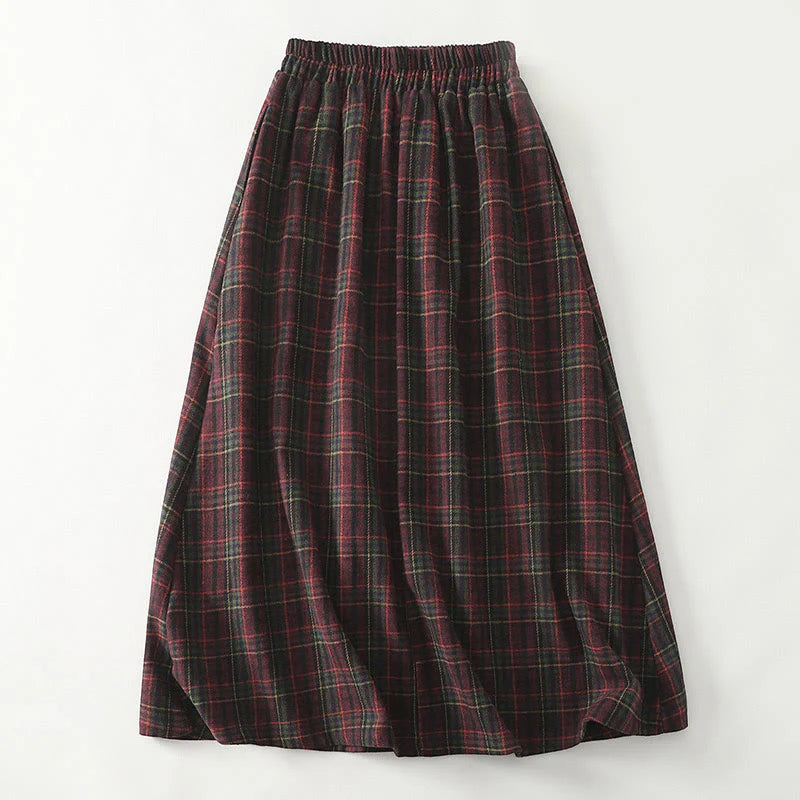 Buddha Stones Spring Fall Women's Plaid Pattern Cotton Skirt With Pockets