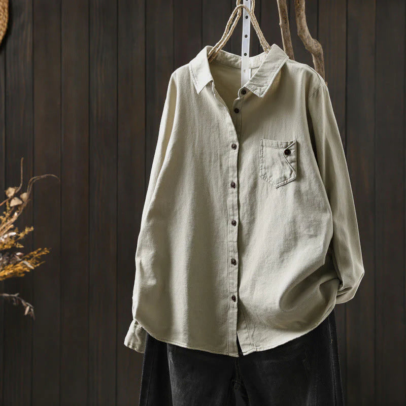 Buddha Stones Fall Buttons Down Pocket Decor Design Women's Stand Collar Long Sleeve Cotton Shirt