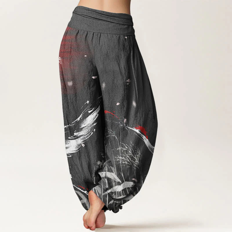 Buddha Stones Cotton Casual Red-crowned Reed Sun Crane Pattern Women's Elastic Waist Harem Pants