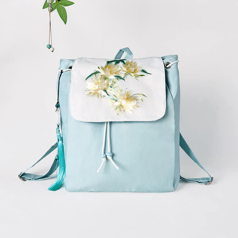 Buddha Stones Handmade Blue Epiphyllum Embroidered Large Capacity Canvas Backpack